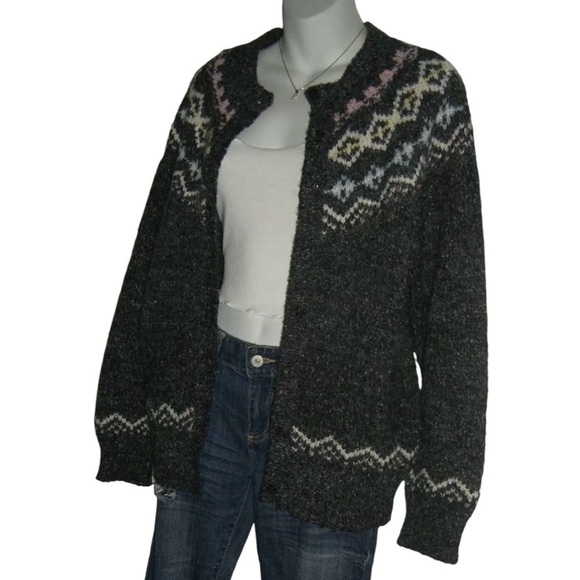 Idioms Sweater Vintage 90's Wool Blend Cardigan Fair Isle Ski Gray Pink Cottage - Picture 7 of 15